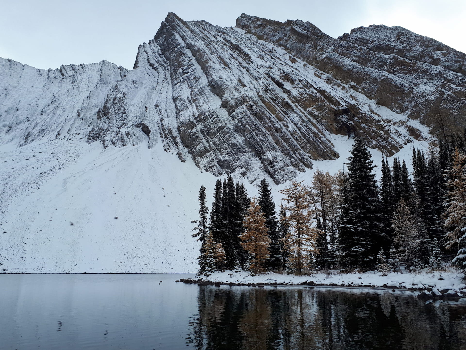 A winter scene at Chester Lake with the lake black snow-covered trees and the mountain jutting upwards to fill the frame of the image.