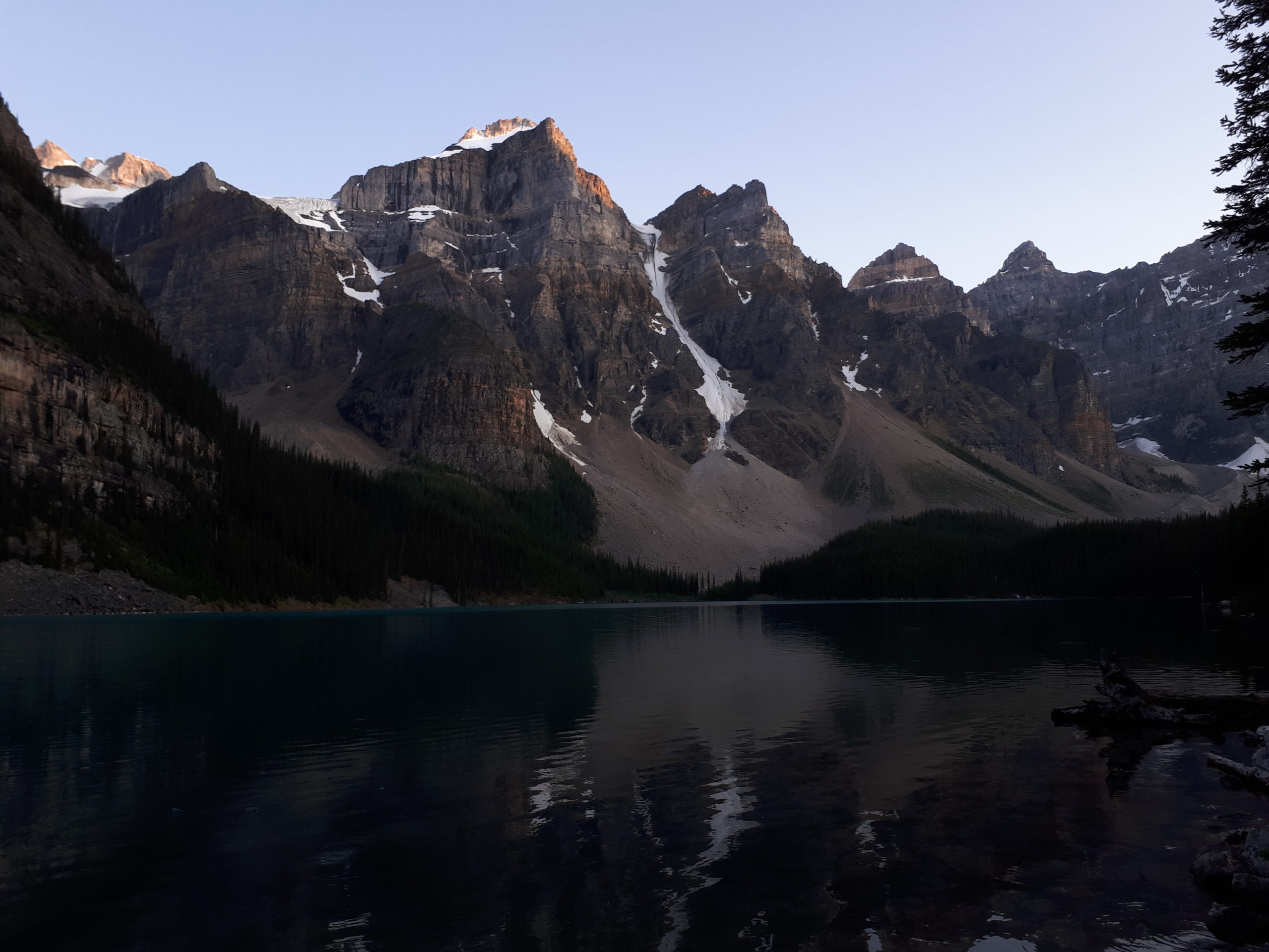 View of Moraine Lake at sunset.
