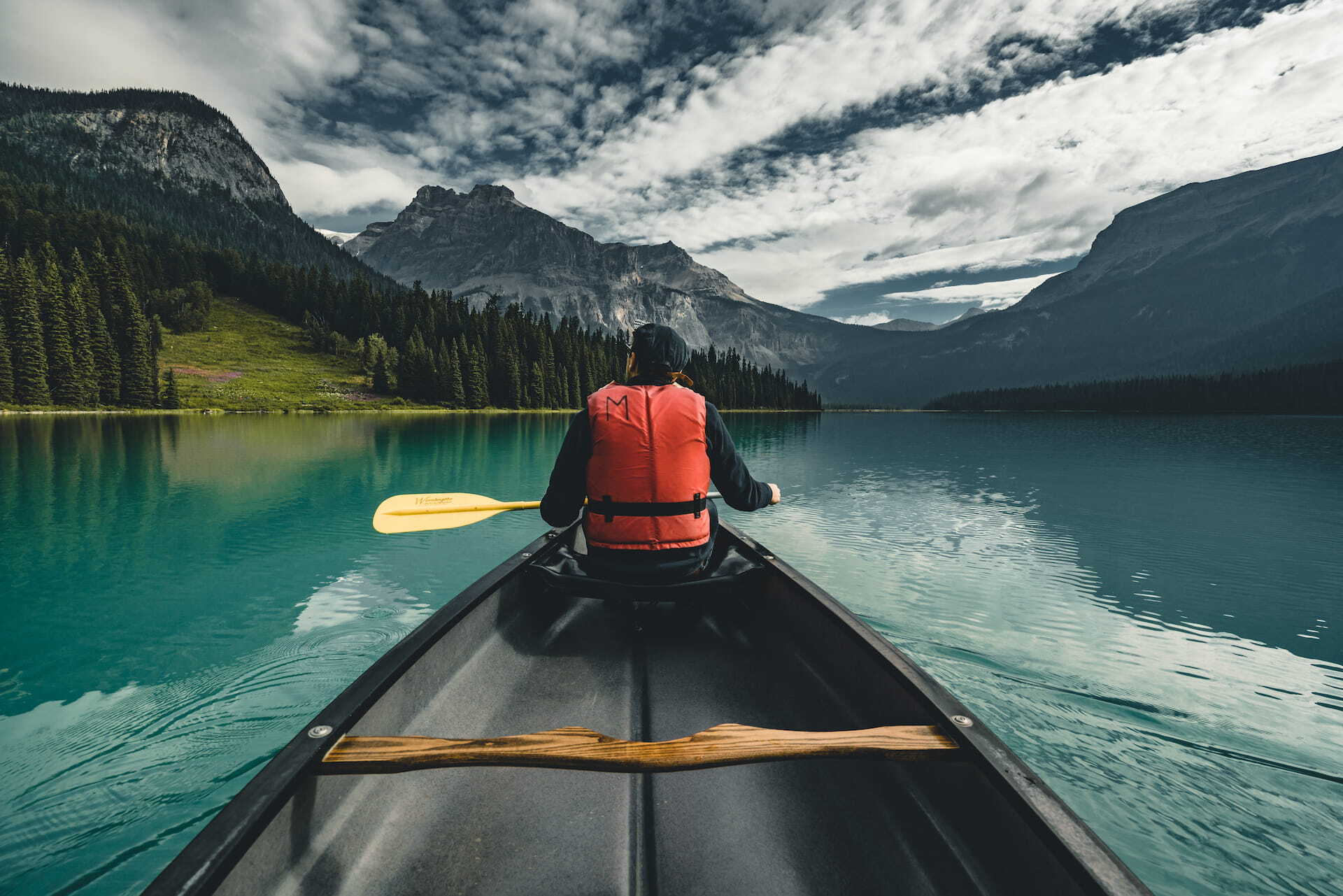 Canoeing on Emerald Lake in Yoho National Park BC.