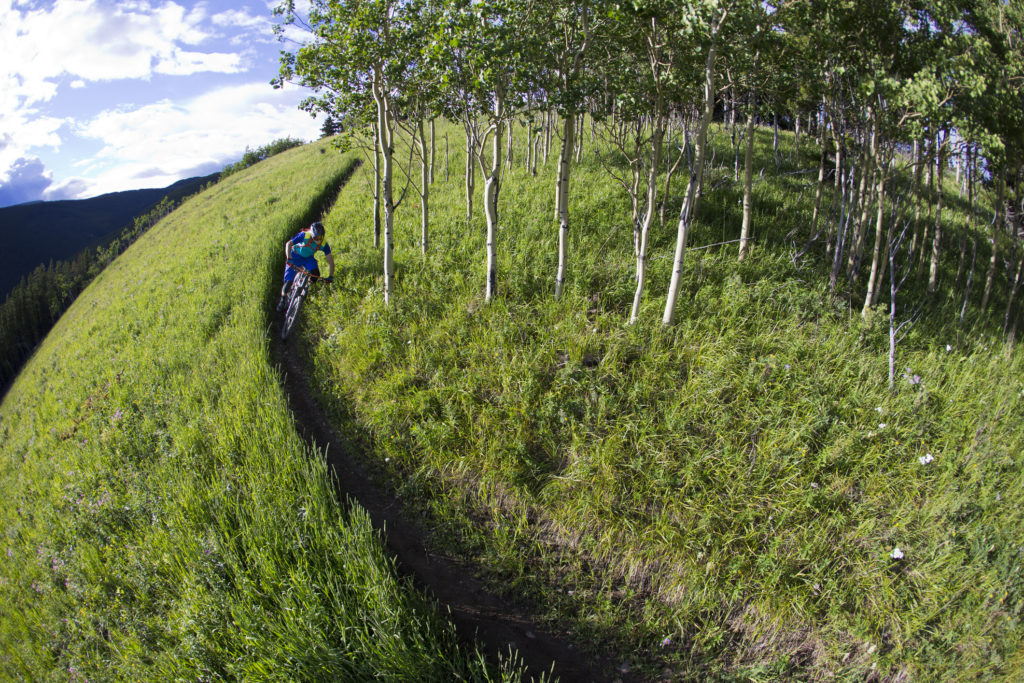 A man rides down a singletrack trail in Bragg Creek on his enduro-style mountain bike. He wears a cycling helmet, kneepads and carries a backpack.